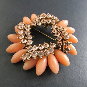 VINTAGE GOLD TONE BROOCH PIN RHINESTONES GORAL COLOR CABOCHONS (BR31)